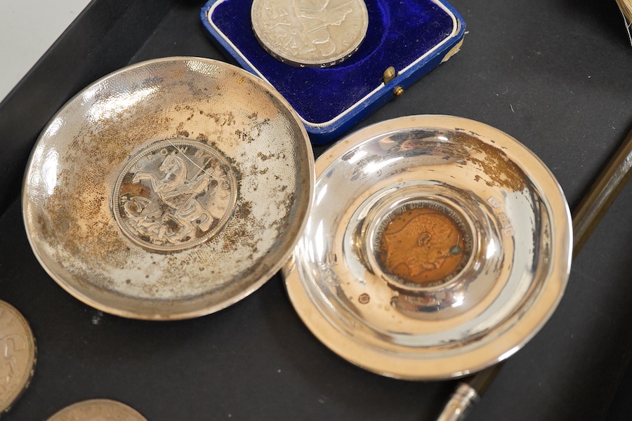 Four crowns together with other silver to include pin dishes, toddy ladle and a brush